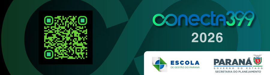 Banner retangular horizontal com fundo em tons de verde escuro e formas curvas abstratas. À esquerda, há um grande QR code em verde neon com moldura preta. À direita, aparece o logotipo “conecta399” em letras minúsculas, com efeito degradê em verde e azul, acompanhado do número “2026” em branco logo abaixo. No canto inferior direito, sobre uma faixa branca, estão dois logotipos: à esquerda, o da Escola de Gestão do Paraná, com um ícone geométrico verde e azul ao lado do texto “ESCOLA DE GESTÃO DO PARANÁ”; à